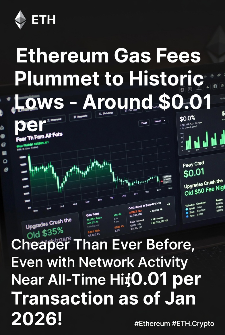 This is huge! Ethereum gas fees have plummeted to historic lows—around  $0.01 per transaction as of Jan 2026! Cheaper than ever before, even with  network activity near ATH. Upgrades crushed the old