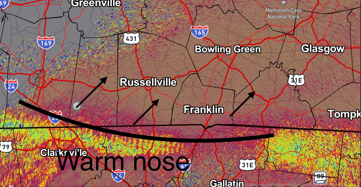 wxornotBG's tweet photo. 👃 Warm nose will soon begin its transition north across the region. Along and south of this, sleet will begin to mix in and eventually take over. Just north of this line, it’s absolutely puking snow. Can confirm.

Expecting a bit of a lull after round 1 wraps up. Focus then shifts to more rounds this evening through early Monday. 🧊 + ❄️