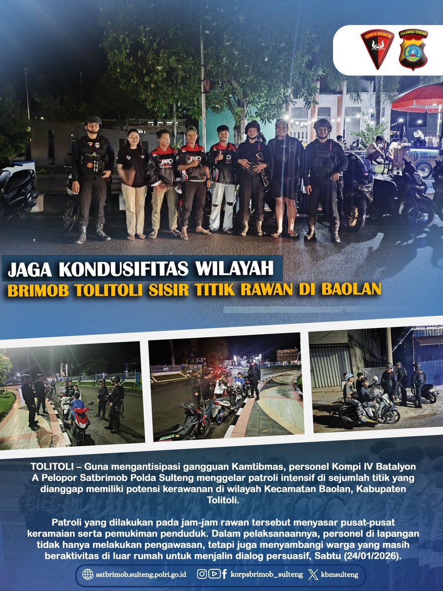 TOLITOLI – Guna mengantisipasi gangguan Kamtibmas, personel Kompi IV Batalyon A Pelopor Satbrimob Polda Sulteng menggelar patroli intensif di sejumlah titik yang dianggap memiliki potensi kerawanan di wilayah Kecamatan Baolan, Kabupaten Tolitoli.