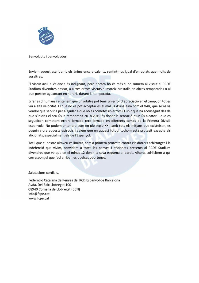 🚨🚨 COMUNICAT FCPE sobre el partit avui a Mestalla.
#RCDE #FCPE