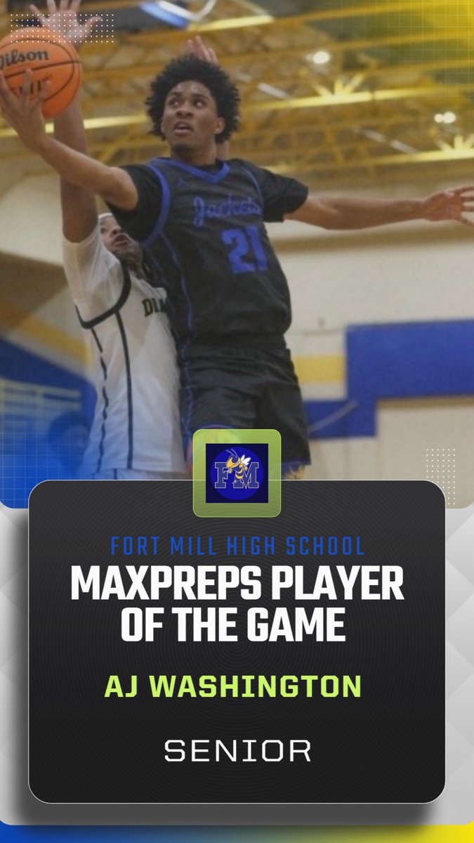 FMHSBball1's tweet photo. Congratulations to AJ Washington, MaxPreps Player of the Game in last night's 56-51 win over Catawba Ridge. AJ had 19 points, including 13 in the 4th quarter. He had 8 reb. &amp; 2 assists. 
@SCBCA @SCHSL @FortPrep @dwayne_hartsoe @FMYellowJackets @FMBroadcasting @Aj_5ivee https://t.co/8sFVLaITfA