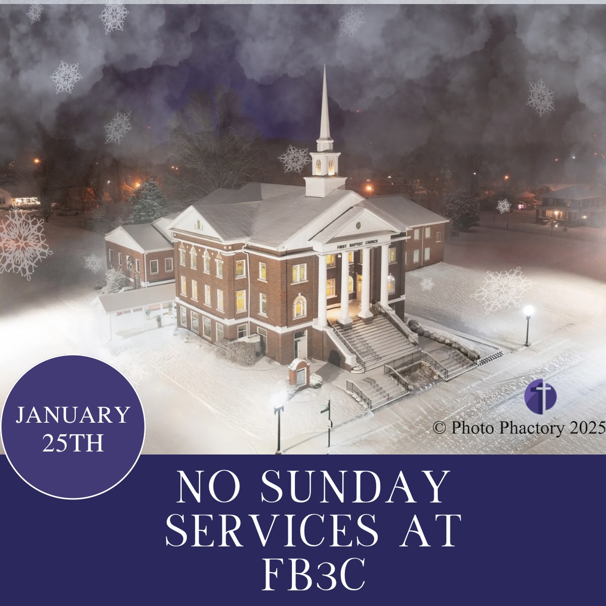FB3CKY's tweet photo. Due to the winter weather conditions, there will be no services at First Baptist Church Central City tomorrow - Sunday, January 25th. Please share this post in order to spread the word. God bless everyone and stay safe! https://t.co/r9wy2GjIOj