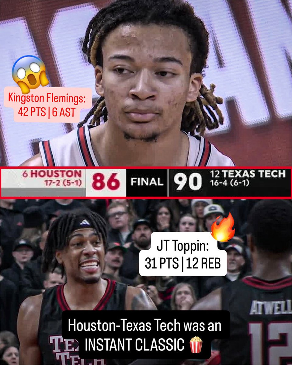 espn's tweet image. NO. 12 TEXAS TECH KNOCKS OFF NO. 6 HOUSTON IN A THRILLER 🍿