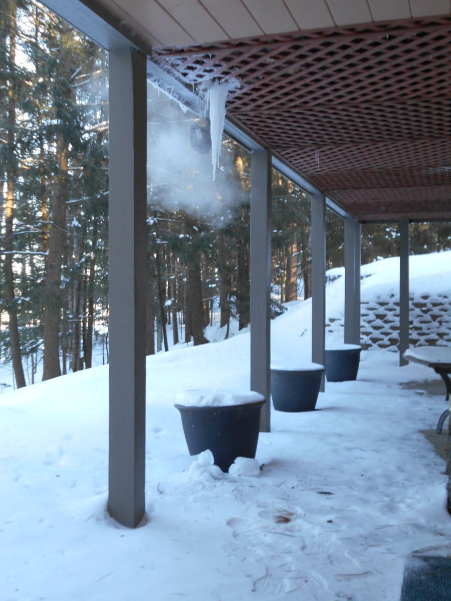 lesser_alice's tweet photo. After knocking out the previous a newly formed icicle structure from the exhaust vent and small ice spike from the ground. I fed the deer and raccoon while I was out dealing with this and getting frost bitten. https://t.co/YH48JtaXsz
