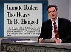 In Washington, a four-hundred-ten pound convicted killer is fighting his execution on constitutional grounds.

He claims that, if he is hanged, his head will be completely torn from his body, which would amount to "cruel and unusual punishment."

Now, having your head completely