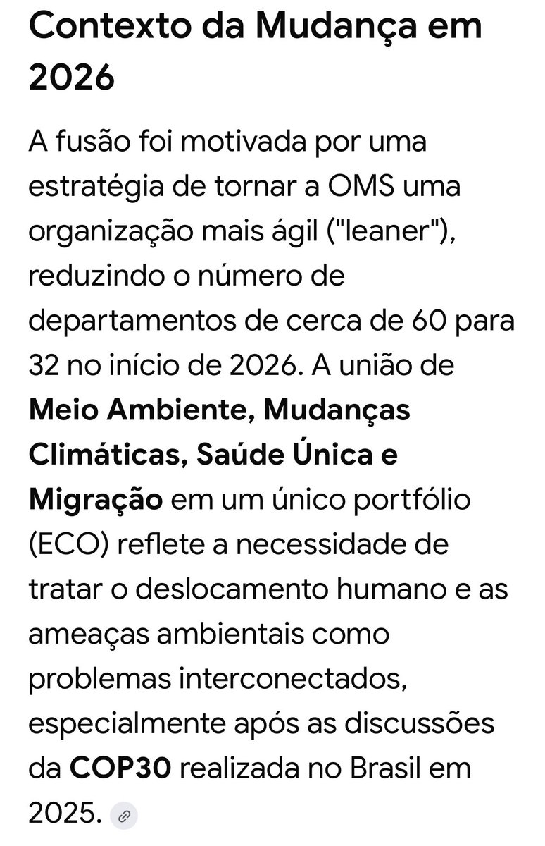 Em decorrência da COP30🇺🇳 e de cortes orçamentários, a OMS🇺🇳 fundiu Meio Ambiente, Mudanças Climáticas, One Health e Migrações em um departamento.🤔

Concluído o acordo de pandemias -baseado na abordagem One Health (Rockefeller Foundation🇺🇸)-, o novo diretor será poderosíssimo.