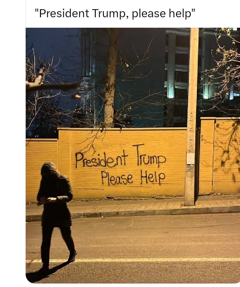 Even mooi als kenmerkend beeld in de straten van Teheran 

Geen roep om hulp aan de EU
Geen roep om hulp aan de VN
Geen roep om hulp aan Macron, Starmer of Merz