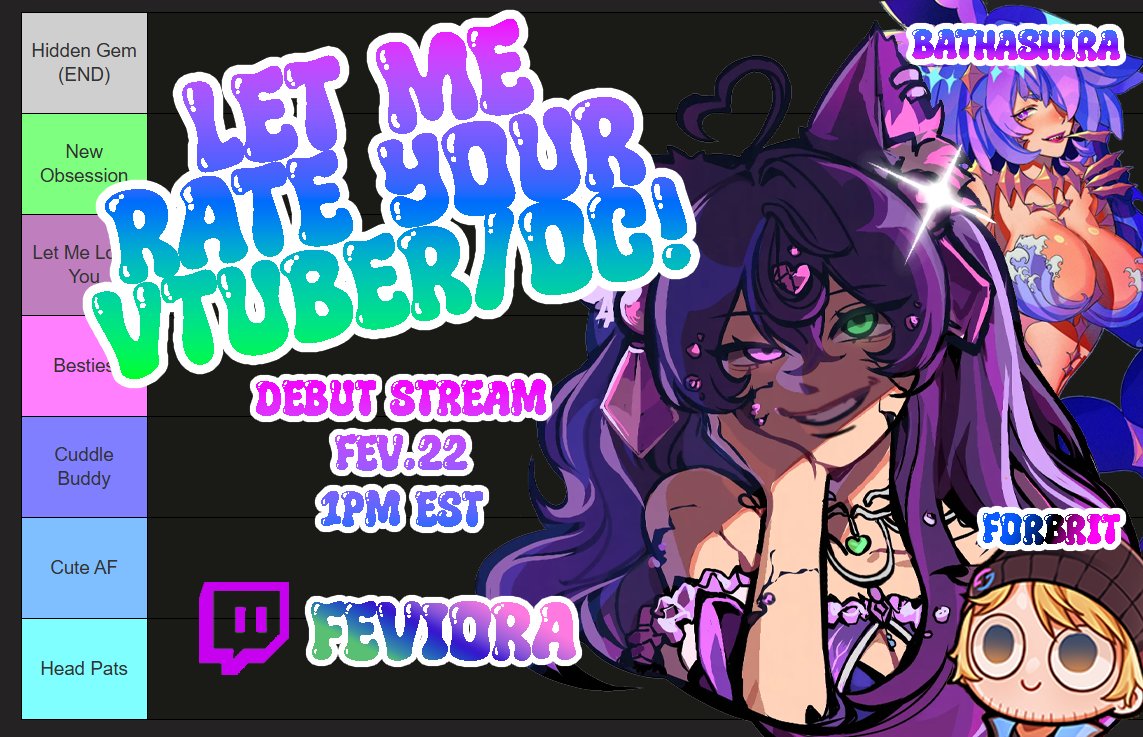 Let me rate your Vtuber/OC!

For my ✨Debut Stream✨ I am having a Rate your Vtuber/OC segment ft. <a href="/Forbrit_TTV/">Forbrit</a> and <a href="/BatHashira/">Batty | Vtuber 🩸🪻</a> 

Which one of you will be my Hidden Gem?💜
- To Enter
💎Post an image of your Vtuber/OC design
💎Tell us a little about you!
❌No NSFW designs
❌No AI