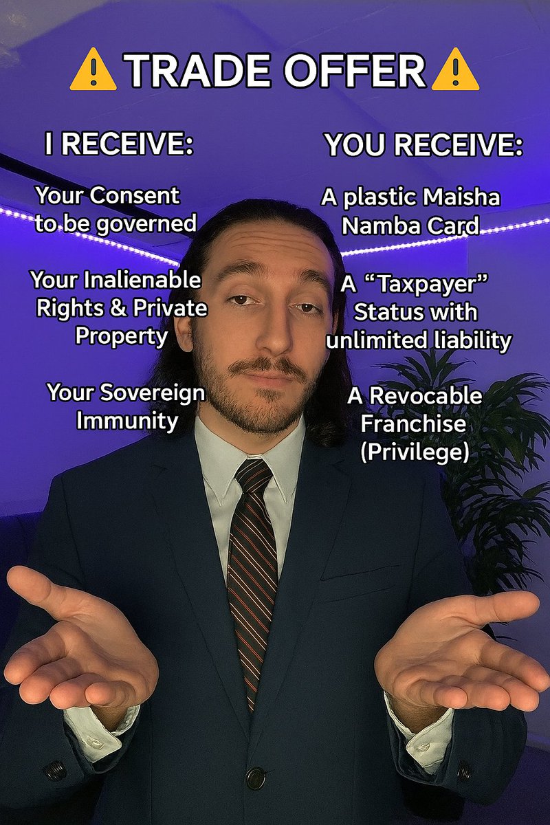 ⚠️ TRADE OFFER ⚠️  
I receive: Your rights, property, and immunity.  
You receive: A plastic card and unlimited liability.  
This is how franchises work.  
#TradeOfferMeme #GovernmentFranchise #DigitalID #KenyaPolitics #SovereignImmunity #TaxpayerTrap #BiometricControl