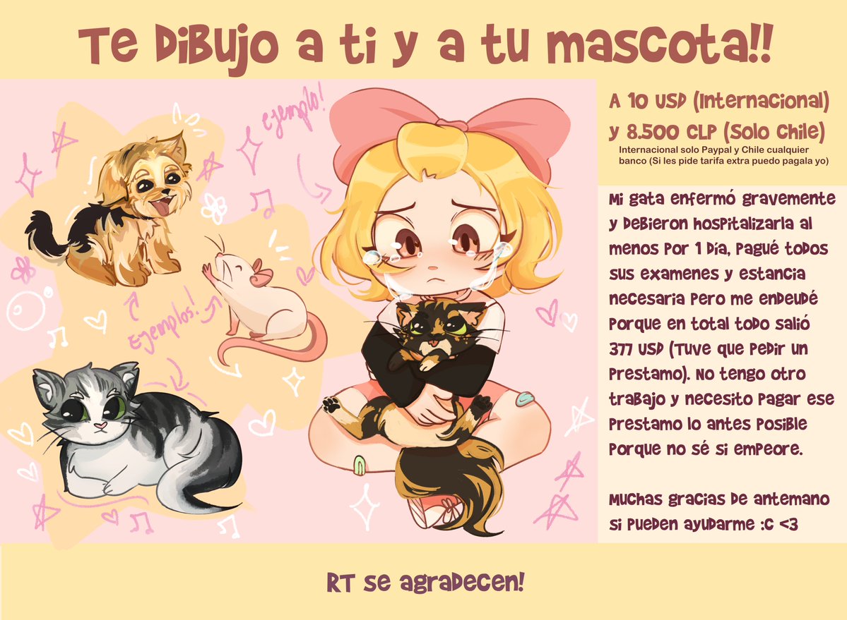 Puedo dibujarte a ti estilo Chibi con tu mascota/s por solo 10 USD o 8.500 CLP si son de Chile :c. Pueden comentar o mándarme un DM si estan interesandos. Mi gatita hoy fue a que la hospitalizaran porque está muy mal y todavía no sé que tiene pero yo no pude pagar al veterinario+
