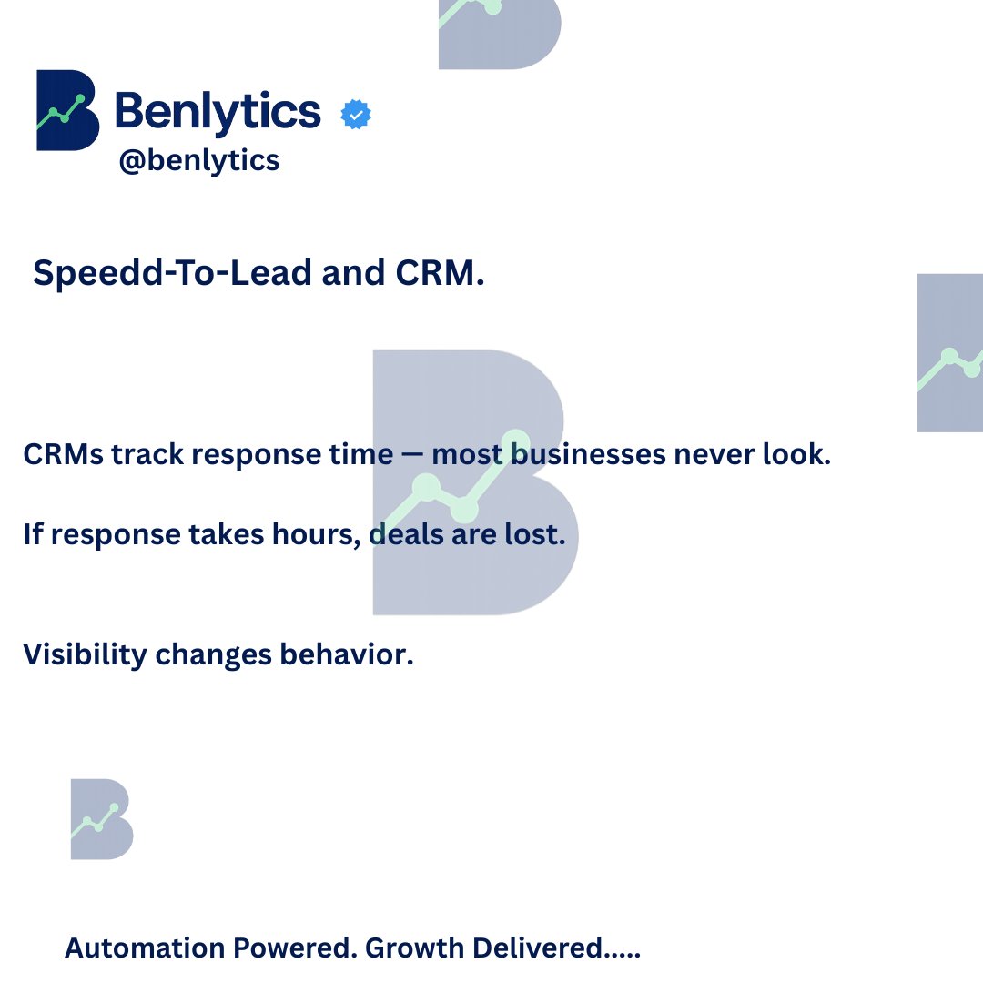 benlytics7's tweet photo. CRMs track response time.
Most businesses never check.

If response takes hours, deals are lost.

Visibility changes behaviour.
Need help with optimising YOUR CRM?
schedule a call with us 🫱🏼‍🫲🏽
https://t.co/RWFXlwyL0A 
#SpeedToLead #CRM #CRMSystems #FastFollowUp #InstantResponse https://t.co/XrjynSPr3J