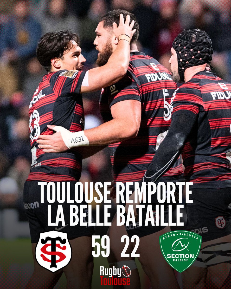 VICTOIRE 🔴⚫️ Le <a href="/stadetoulousain/">Stade Toulousain</a> s'impose contre la <a href="/SectionPaloise/">Section Paloise Béarn Pyrénées</a> ! 
👤 Votre debrief du match ? Les joueurs qui se sont illustrés ?
#STSP
