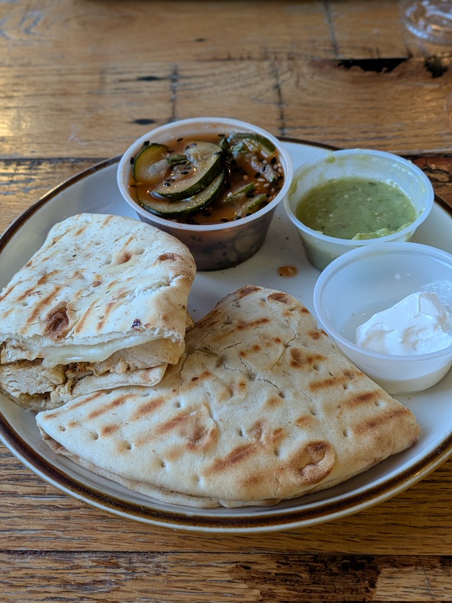 VioletSmiling3's tweet image. Had lunch/dinner at a local cafe that I really like. Got the kids chicken quesadilla with tomatillo salsa, sour cream, and a spicy cucumber salad. No idea how to estimate this. I would gladly appreciate any estimations.🫶🏻