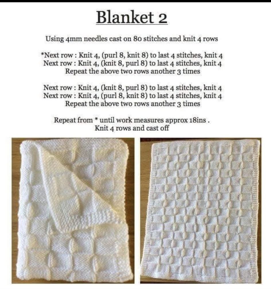 bjbubbly's tweet image. If anyone in the Norwich area know of any lovely ladies (or gentlemen) who are able to knit some blankets for our NICU babies at NNUH, we are in desperate need 🙏🏻🙏🏻
The patterns we use are below.  

Thank you! 
#NorwichKnitters 
#NICU