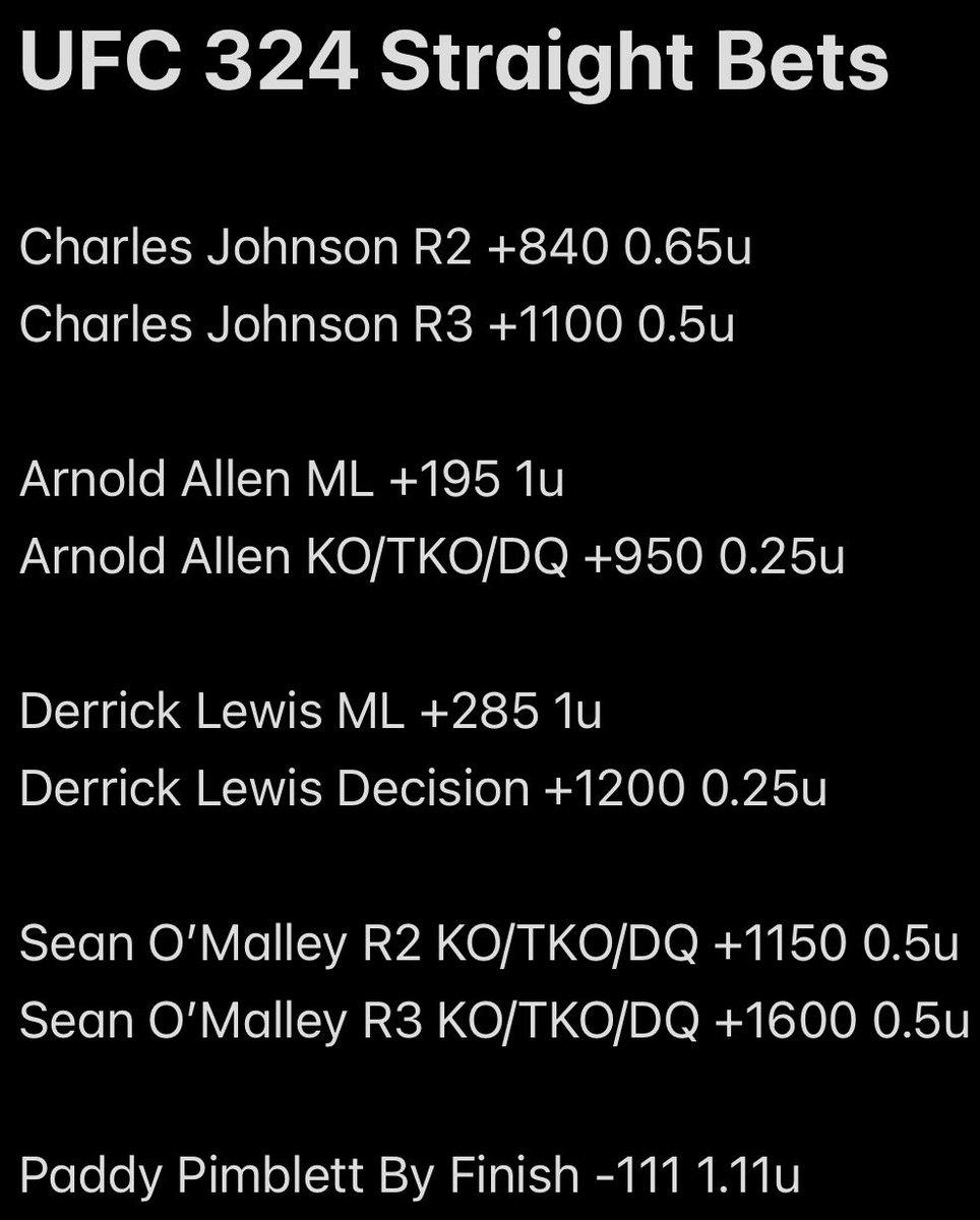 PaceBen7's tweet image. UFC 324 Straight Bets &amp;amp; Parlays

Prelim, Main Card, &amp;amp; Longshot Cycle 
(wouldn’t bet more than 0.25u)