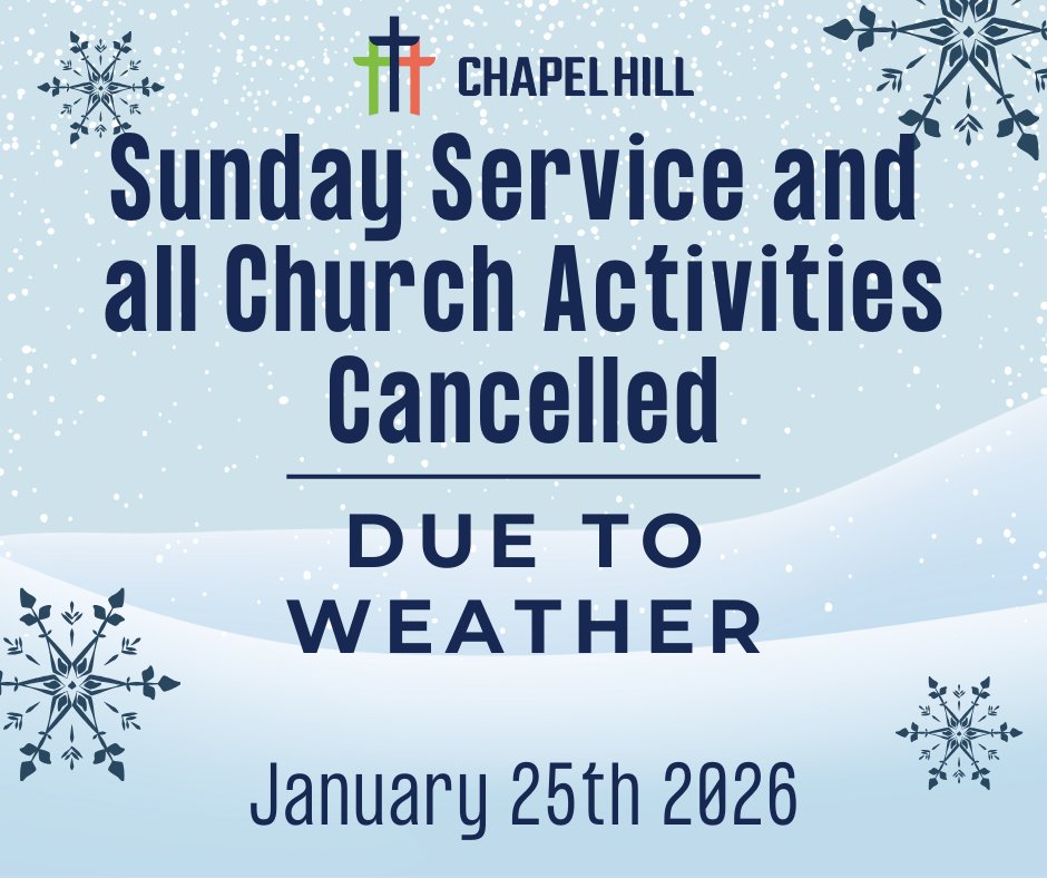 Due to the snow and very low temps, worship services and all church activities will be canceled tomorrow, January 25th.  

Pastor Jeff will record his sermon and it will be available to view tomorrow at both 9:30 and 11:00 AM at chwichita.org
