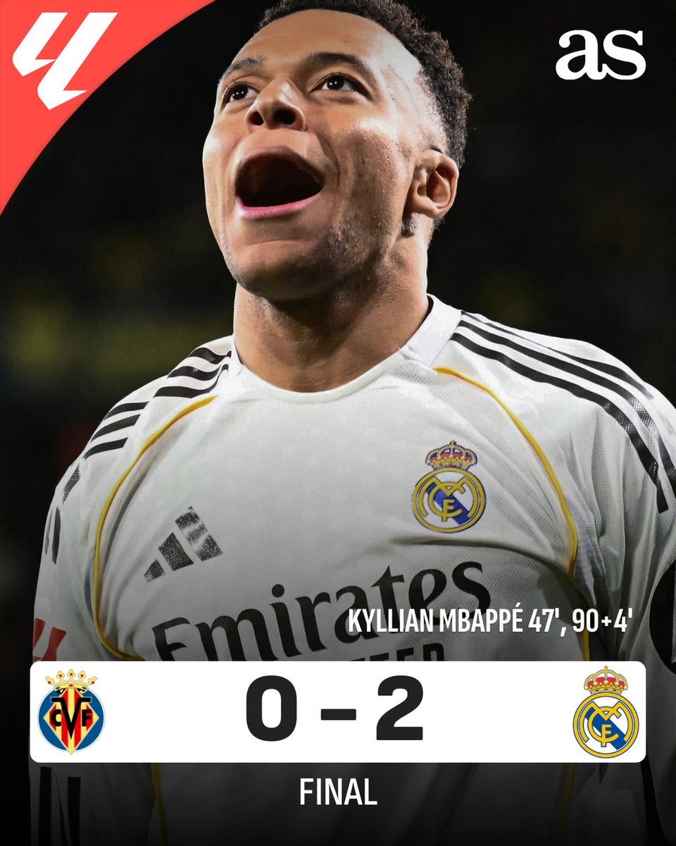 ⚔️ #VIL 0-2 #RMA (90+4')

🚨 El Real Madrid duerme líder gracias a un doblete de Kylian Mbappé
#Jornada21 #laliga #VillarrealRealMadrid

📡 dozz.es/nvgi712