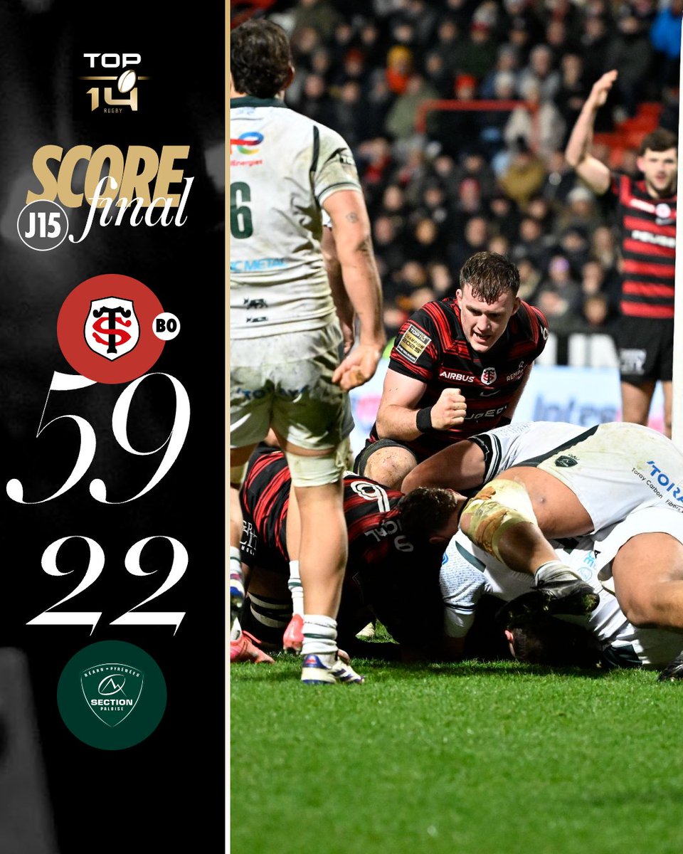 Un leader en grande forme ⚡️
Le <a href="/StadeToulousain/">Stade Toulousain</a> assoit un peu plus sa domination avec un succès bonifié face à Pau 🖐️ #STSP #TOP14