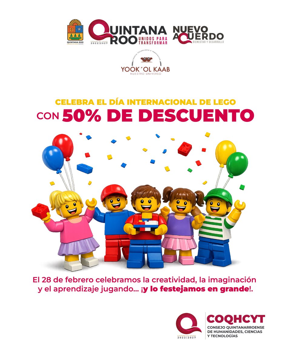 🎉🧩 Día Internacional de LEGO®
En el Planetario de Chetumal Yook’ol Kaab celebramos el aprendizaje a través del juego.

Más info: heyzine.com/flip-book/db1a…

🚀 Solo 28 de enero: 50% de descuento en cursos LEGO®
👧🧒 Cupo limitado a 10 infantes por curso.

#UnidosParaTransformar