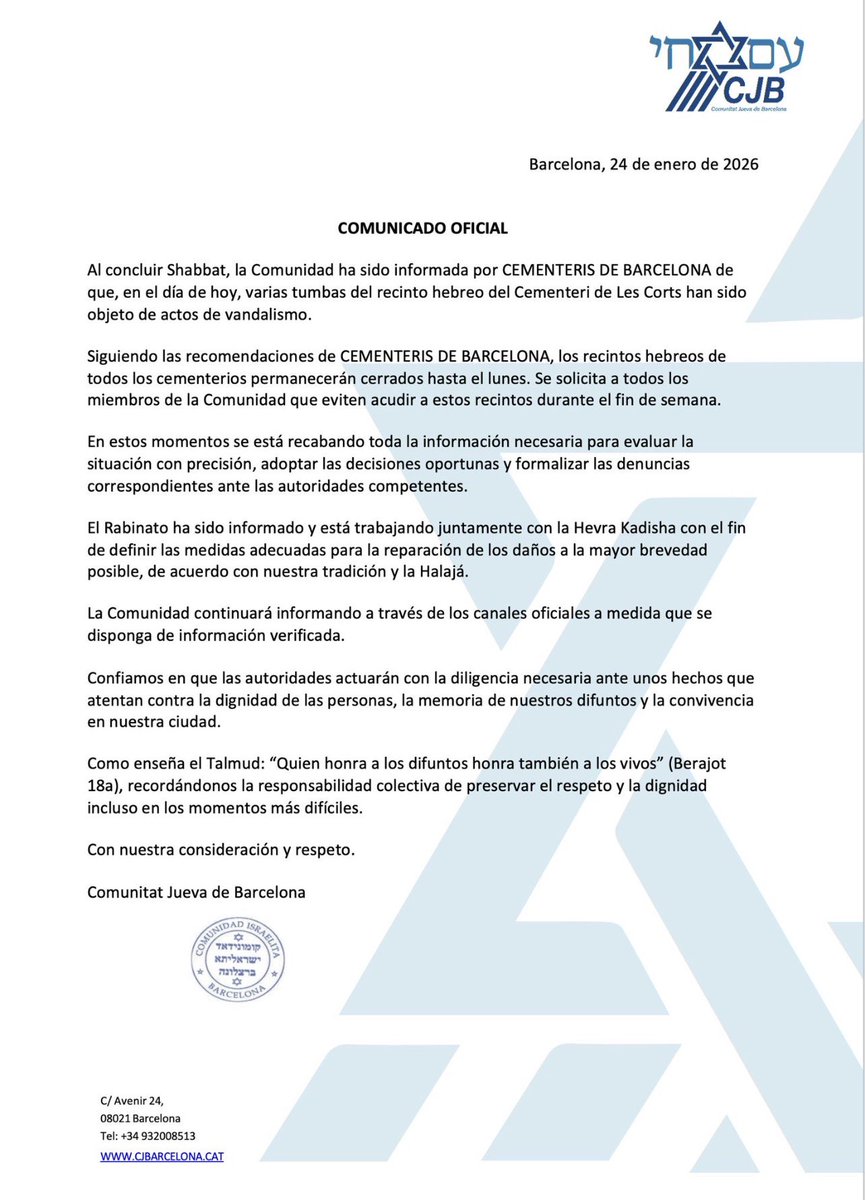 danielsirera's tweet image. Mañana los cementerios hebreos de Barcelona deben estar abiertos y con vigilancia permanente.
No se protege la dignidad cerrando puertas, se protege garantizando la seguridad.
El vandalismo no puede mandar más que las instituciones.
Tolerancia cero y responsabilidad inmediata.