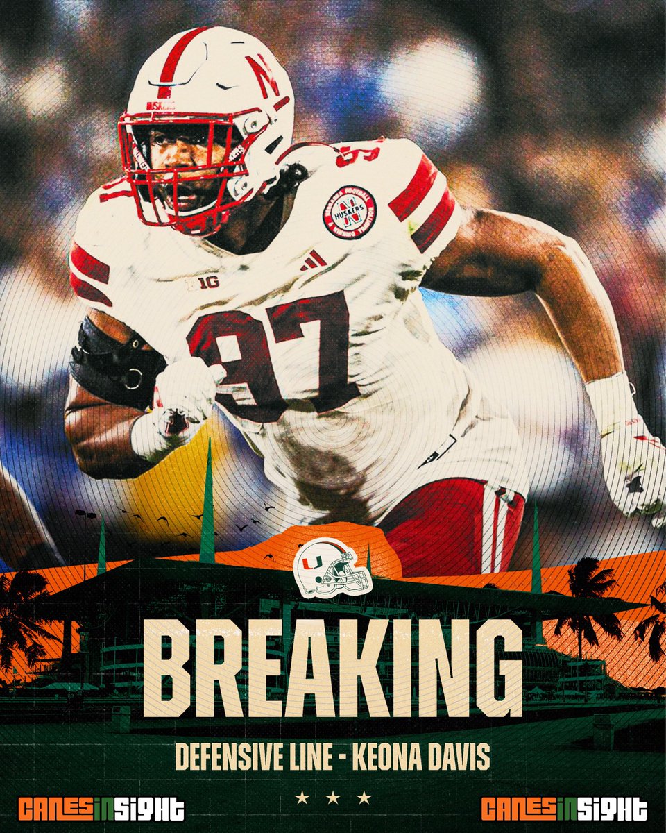 BREAKING: Nebraska DL transfer Keona Davis has committed to Miami. 

Another promising young piece added to the trenches. 🤝