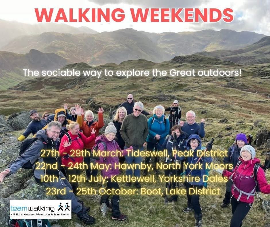 Great walks, sociable evenings &amp; beautiful villages.

Join us on a memorable Walking Weekend this year. 

Tideswell, Peak District
Hawnby, North York Moors
Kettlewell, Yorkshire Dales
Boot Lake District. 

For more information visit: teamwalking.co.uk/event-category…