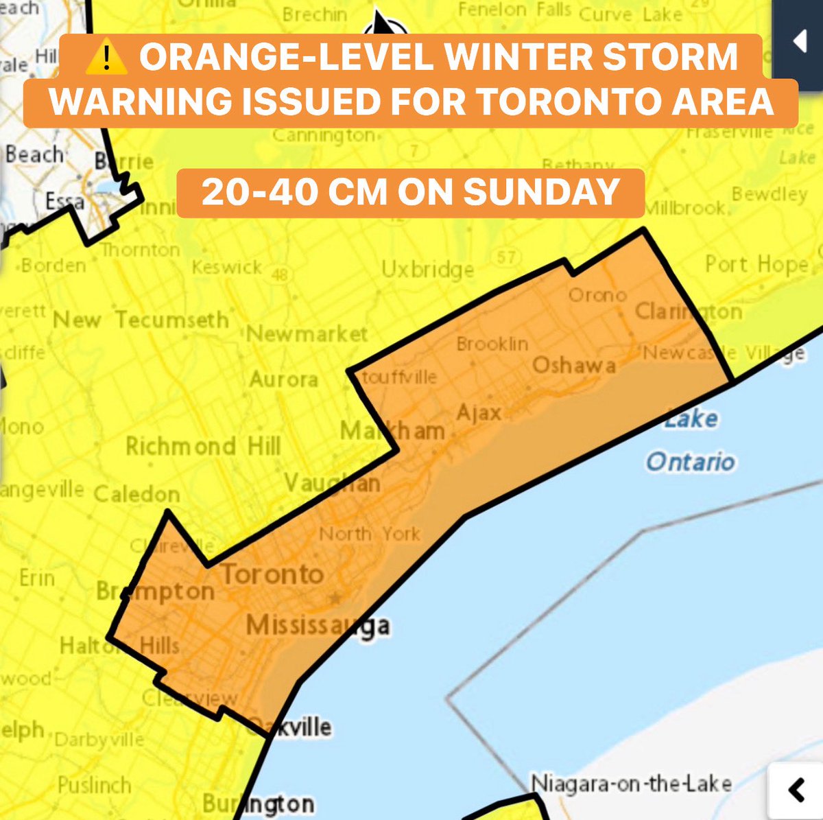 #ONStorm #ONwx #BREAKING: Environment Canada has UPGRADED the winter storm warning to an orange-level around the Greater Toronto Area as of 4:50 PM.

Models have trended upwards leading to Environment Canada to boost the expected snowfall totals to 20-40cm for Southern Durham