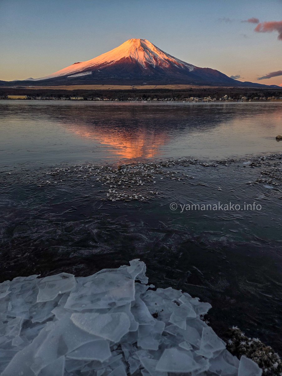 #おはよう富士山 
今朝も冷え込み-12.3℃、湖は凍ってました
#mtfuji #富士山 #山中湖 #fujisan #イマソラ #イマフジ #富士山と山中湖 #mysky #逆さ富士 #紅富士