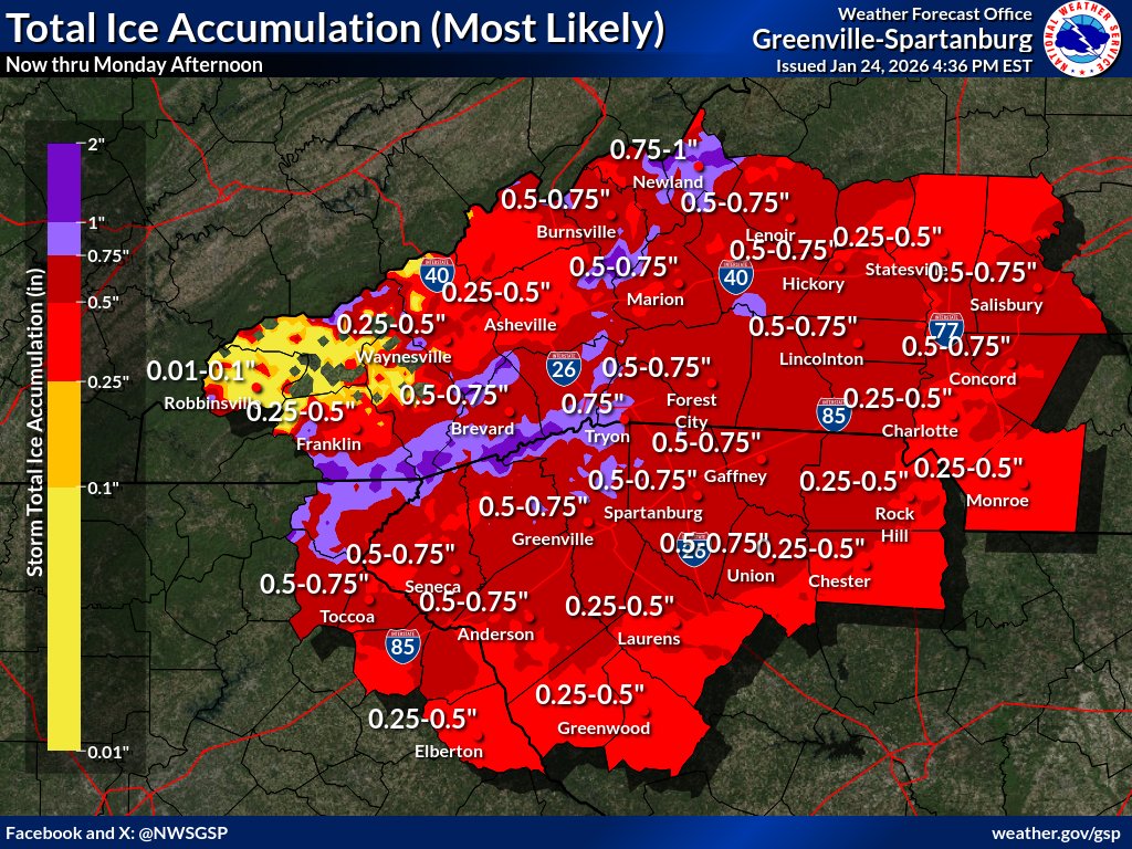 Here are the latest forecast's ice and sleet accumulations.  Still expecting widespread impacts, including impassable roadways and power outages.  Stay safe, stay warm, and report your ice totals to us! #ncwx #scwx #gawx