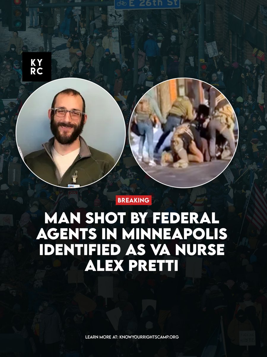 yourrightscamp's tweet photo. Today in Minneapolis, federal agents shot and killed a 37-year-old man, Alex Jeffrey Pretti, a U.S. citizen, a registered nurse and ICU caregiver, someone with no criminal record, and who possessed a legal gun permit. 

link: https://t.co/ZWBonnIY8Z https://t.co/G3anDVdl1J