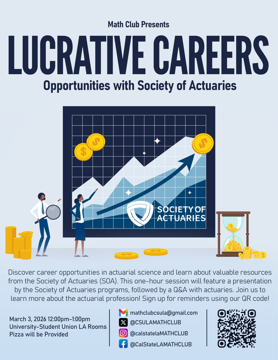 CSULAMathClub's tweet photo. Discover career opportunities in actuarial science and learn about valuable resources from the Society of Actuaries (SOA). This one-hour session will feature a presentation by the Society of Actuaries programs, followed by a Q&amp;A. Join us to learn more about the profession! https://t.co/Lh0TkntNhV