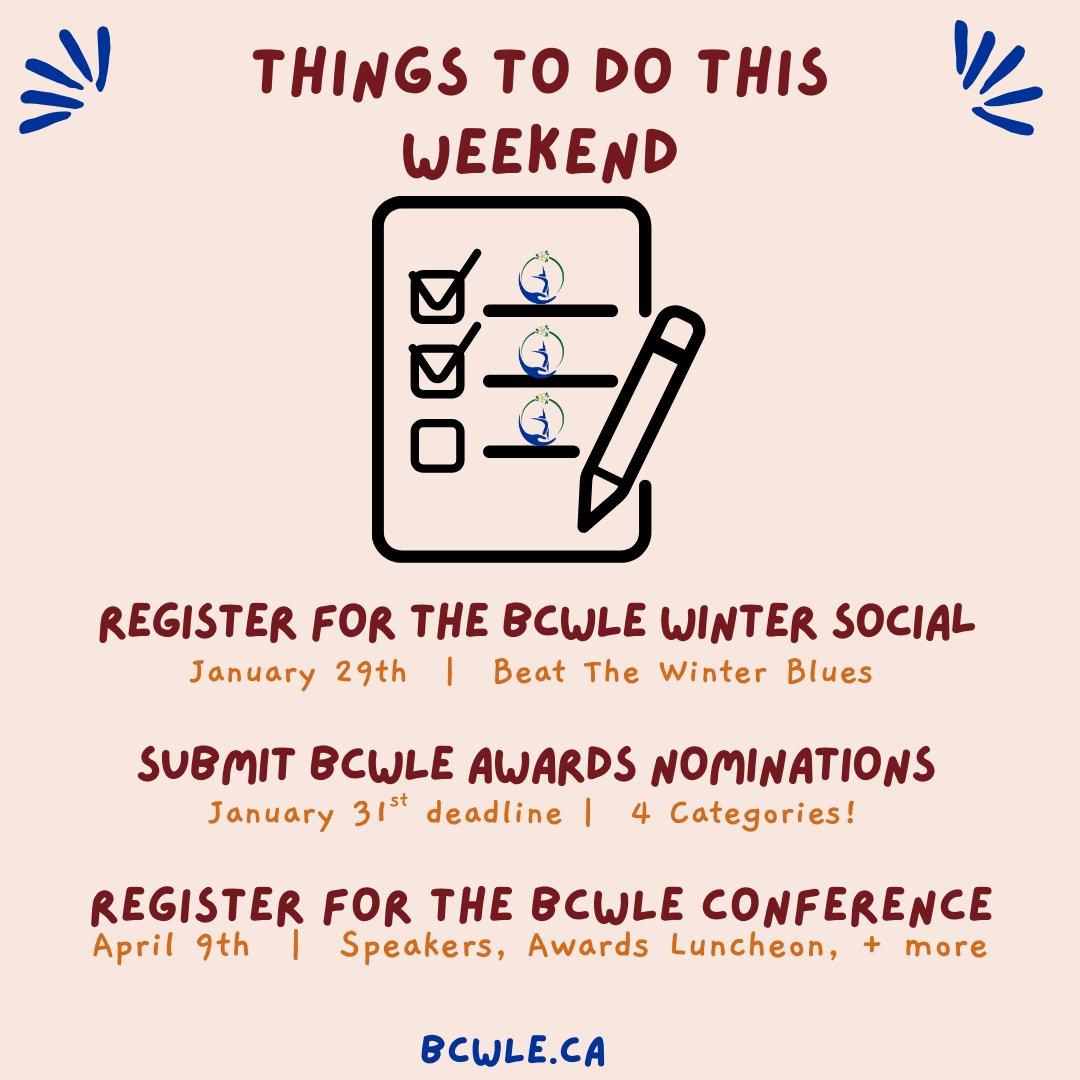 Weekends are busy, we know - whether you're a shiftworker or M-F.

So we’ve made this handy checklist to help you stay on track with #BCWLE happenings.

Find what you need on our website bcwle.ca

#WomenLeading #StrongerTogether