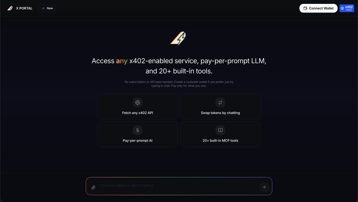 xportalai's tweet image. Couple weeks ago we launched a pay-as-you-go llm with @BlockRunAI

We decided to turn that into a demo - so ppl can see what the agent tools actually do.

You can now talk to an AI with full access to our MCP: pay any x402 URL, register ERC-8004, create a wallet, swap tokens,…