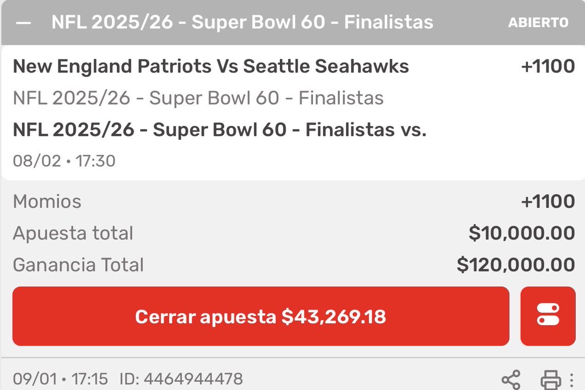 Antes de que empezaran los Playoffs le metimos a que el Superbowl era Entre los Pats vs Seahawks en +1100.

Si el Día de Mañana Los Patriots y los Seahawks Ganan me Voy a llevar 120,000 Pesos Más.

Si se hace voy a Regalar Transferencias entre Todos los que comenten Pura Buena