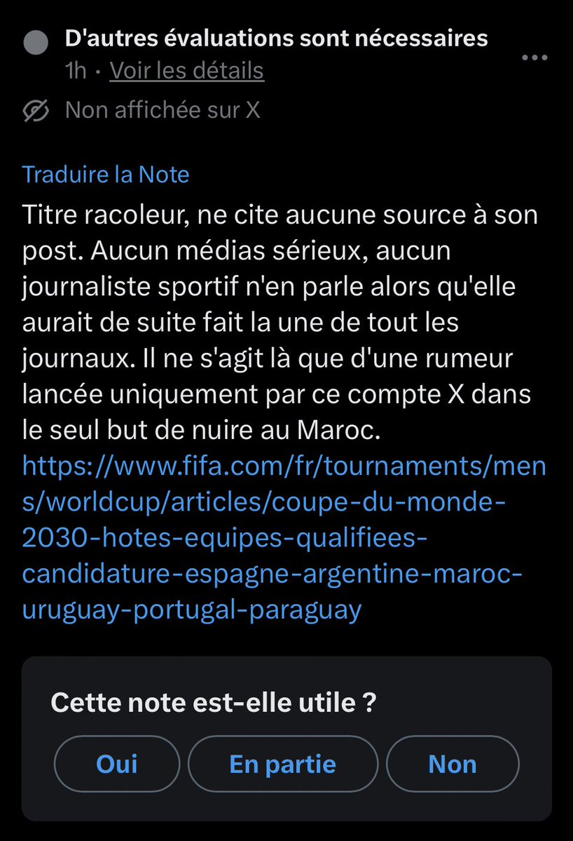 MoroccoCNote's tweet image. 🚨 VALIDEZ la Community Note MAINTENANT ! 🚨
@/MakhtarDime prétend FIFA retire Mondial 2030 au Maroc = FAKE

✅ Aucune sanction officielle  
✅ Empoisonnement = rumeur NON PROUVÉE  
✅ Mondial 2030 confirmé Maroc
Community Notes members : 

ALLEZ VOTER la note 👇 AGIR MAINTENANT…