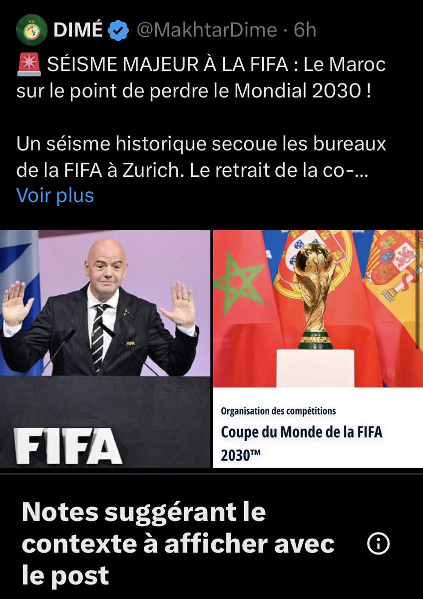 MoroccoCNote's tweet image. 🚨 VALIDEZ la Community Note MAINTENANT ! 🚨
@/MakhtarDime prétend FIFA retire Mondial 2030 au Maroc = FAKE

✅ Aucune sanction officielle  
✅ Empoisonnement = rumeur NON PROUVÉE  
✅ Mondial 2030 confirmé Maroc
Community Notes members : 

ALLEZ VOTER la note 👇 AGIR MAINTENANT…