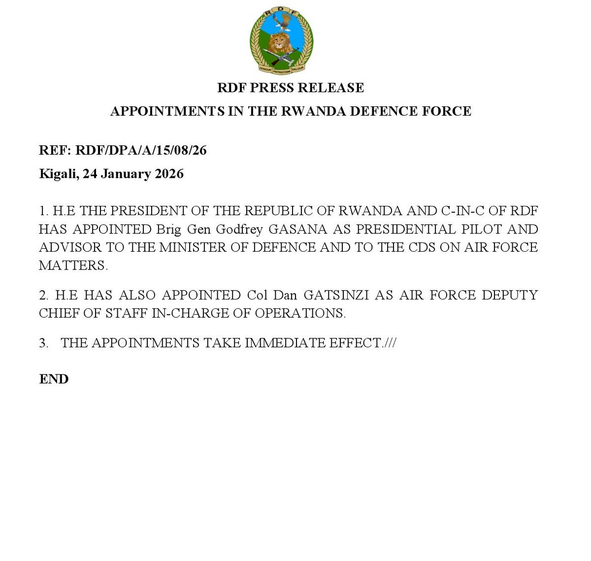 RDF PRESS RELEASE - APPOINTMENTS IN THE RWANDA DEFENCE FORCE