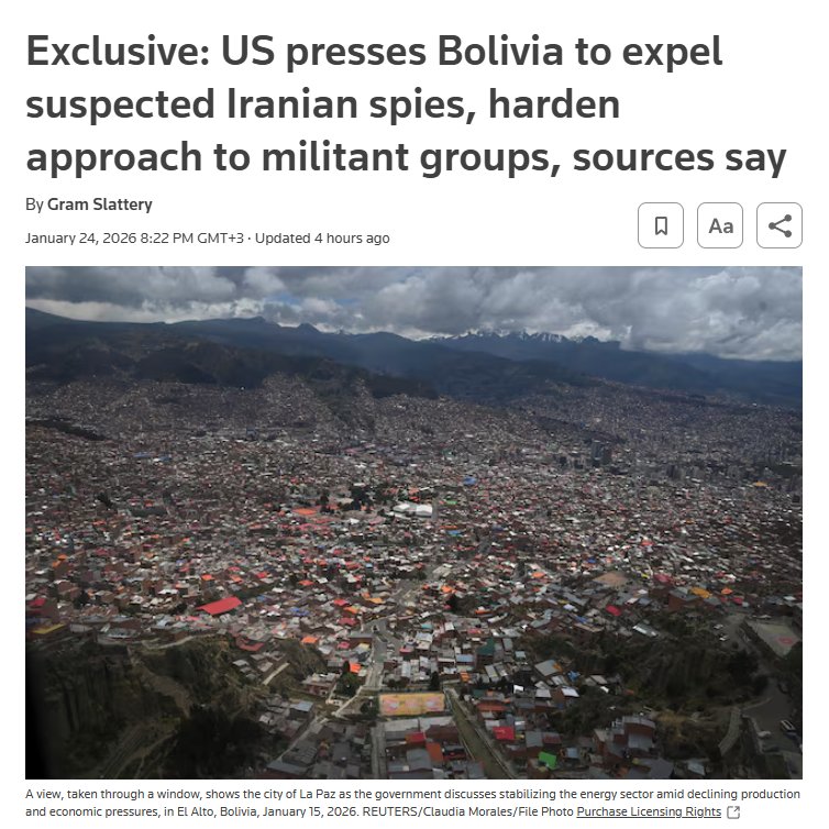LeilIdeas's tweet photo. 🚨🇺🇸🇧🇴 | U.S. URGES BOLIVIA TO CRACK DOWN ON IRANIAN NETWORKS

The United States is pressing Bolivia to expel suspected Iranian spies and officially designate the IRGC, Hezbollah, and Hamas as terrorist organizations.

• Reuters https://t.co/qZoRkAsYd6