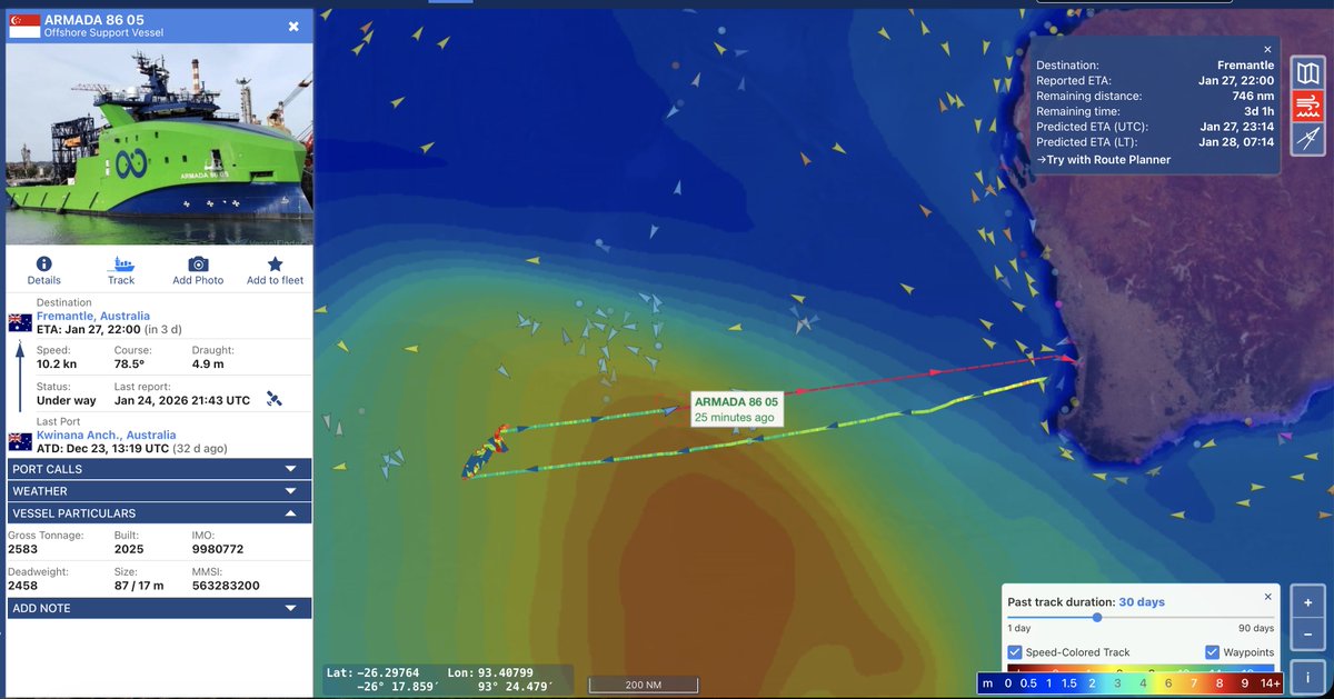 jaysguitars's tweet image. #MH370 #OceanInfinity Here is a look at Armada 86 05's progress back toward Australia. Wave heights are on in the last image and are running 6 to 8 meters. In those conditions they are lucky to just keep the ship pointed in the right direction. #vesselfinder