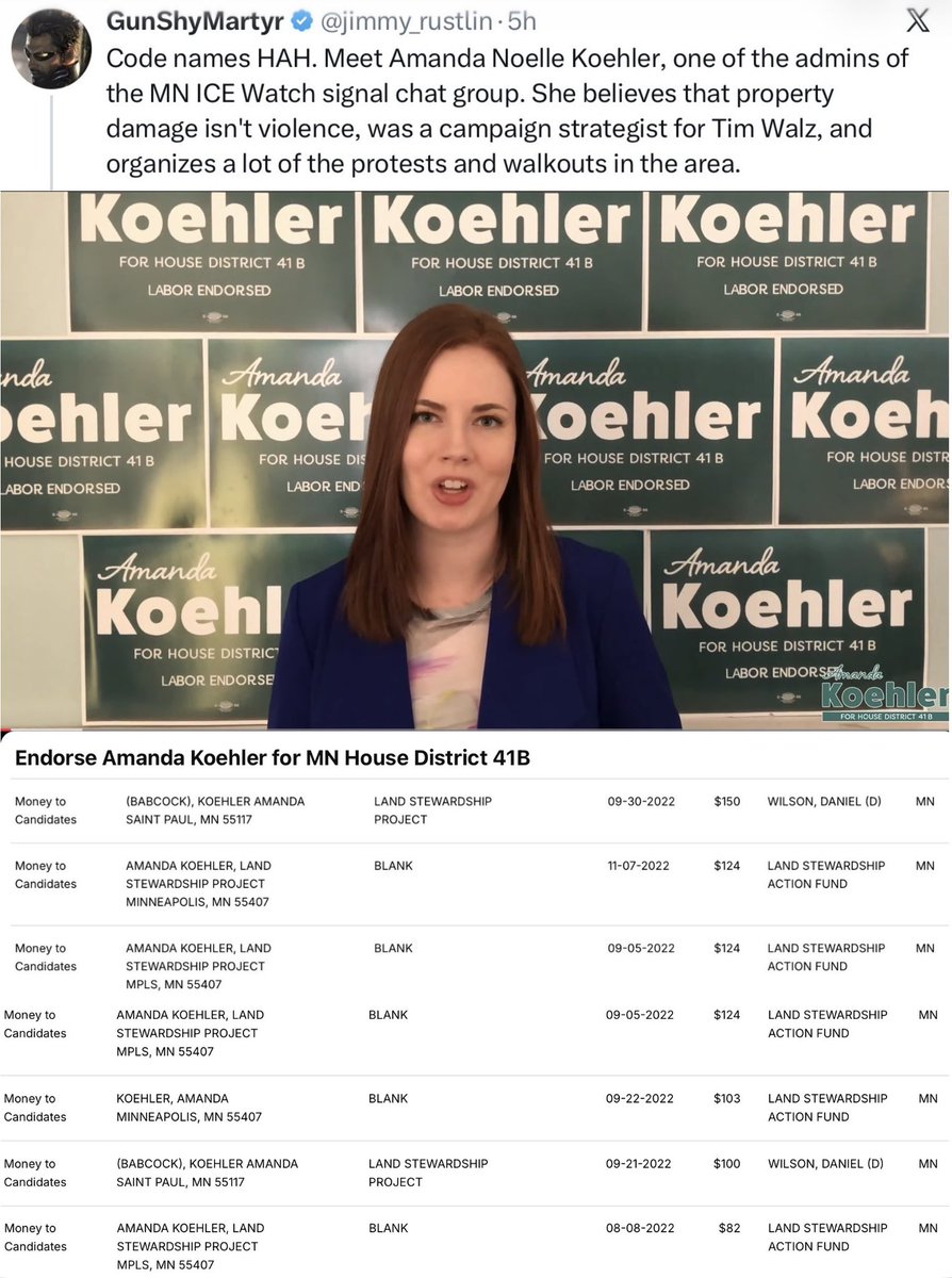 JamesHartline's tweet image. She wants to be a star. Let's make her famous. Amanda Noelle Koehler, a far-left Democrat protest organizer and campaign strategist for Tampon tim Walz, has been identified as the anti-ICE Signal group leader coordinating the targeted attacks and doxxing of Federal ICE agents and…