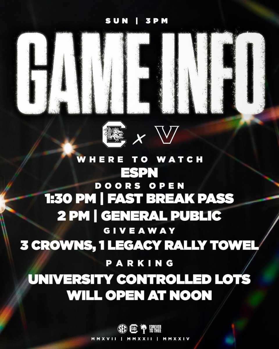 GamecockWBB's tweet image. It's game day, FAMS 🤙

🆚 Vanderbilt
📍 @CLAmktg 
⏰ 3 PM ET
📺 ESPN bit.ly/4k6WuSg
📻 @1075thegame bit.ly/47twDhk
📈 bit.ly/4qEYh3a
📝 bit.ly/4qFFchy