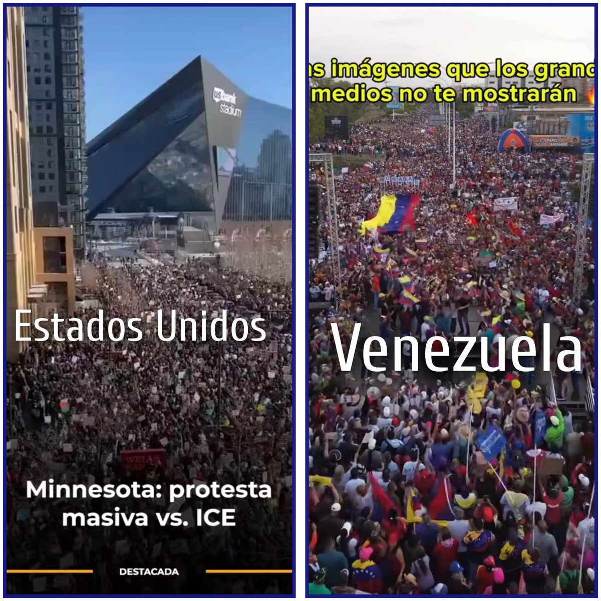 Aqui esta la diferencia. Dos países, se moviliza el pueblo mismo dia, en Estados Unidos se moviliza contra el TIRANO Trump. En Venezuela en apoyo, respaldo y que se libere a Nicolás Maduro. Si no ves la diferencia entonces, es porque eres un idiota de derecha