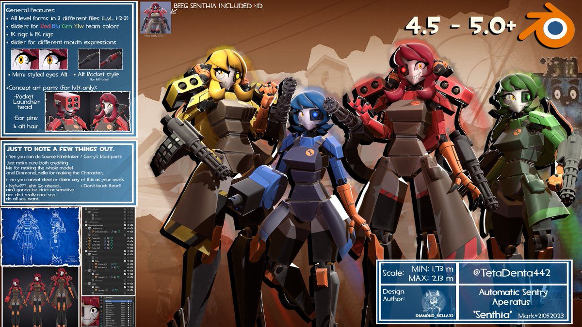 #TF2 #Senthia #MimiSentry #blender3d 
THE WAIT'S OVER, HERES ALL I'VE WORKED ON HER SO FAR.
Senthia's basically done for blender 4.5+!1!!
take your time reading everything mentioned here before asking me things!!
(thicc one IS included yes..)
MODEL LINK: mediafire.com/file/s6190mhr2…