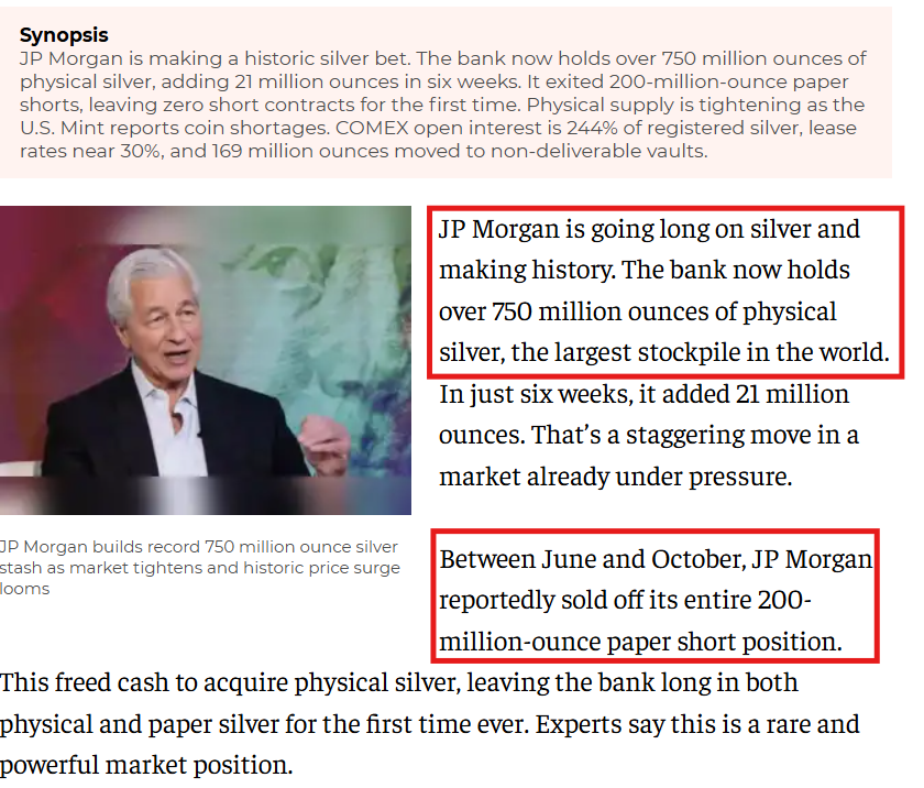 MerlijnTrader's tweet photo. SOMETHING CHANGED IN SILVER. 

JPM reportedly:
- Dumped its historic paper short
- Used the cash to hoard physical silver
- Building one of the largest stockpiles on record

At the same time:
🇺🇸 US Mint reports silver coin shortages.

No wonder silver pumped over $100

Paper supply is cracking.
Physical scarcity is starting to matter.

This isn’t a short-term trade.
It’s positioning for a monetary end game.

Buckle up.