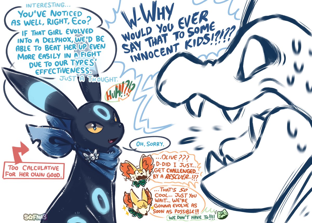 (Put a bit too much effort into this one)  What if both of my teams met in Baram Town? (✿◡‿◡) 🩵💛💚🧡

#tumblrask #pmd #mundomisterioso #pokemon #pokemonfanart #pokemonart #bluerescueteam #psmd #umbreon #shinyumbreon #feraligatr #bulbasaur #fennekin #pokemoncomic