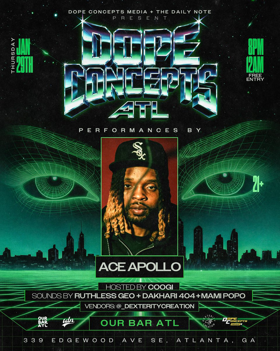THIS THURSDAY! 

DOPE CONCEPTS ATL IS BACK. 🏆

Performances by 
<a href="/Jonathanshemar/">shémar</a> + <a href="/lucasDArasshole/">GAPPED FANGS</a> 
@Thatsandrelle 
<a href="/giftt4rmgod/">Gift4rmGod</a> 
&amp; <a href="/1AceApollo/">#HLE</a> 

Sounds by <a href="/404nightz/">Dakhari4o4</a> + <a href="/ruthlessgeo/">Geo Ruiz 🇳🇮</a> 
Hosted by yours truly 🏆. 

FREE RSVP HERE —> 

posh.vip/e/dope-concept…