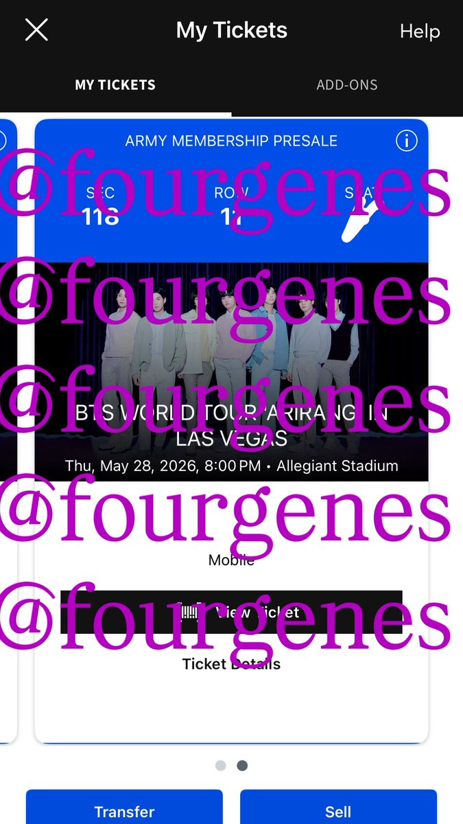 fourgenes's tweet photo. [WTS] (2) BTS ARIRANG 100s sect TICKETS IN VEGAS D4 5/28 ALLEGIANT
Section 118, Row 11. TWO tickets. 

Selling at ORIG price/ FV of $1030.72 for both. 
 $515.36/ea

Zelle pref, but Paypal G&amp;S works as well, you cover fees! 

@875tickets #875ticketsale 
 DM if interested! 💜 https://t.co/oPSonlB4AO