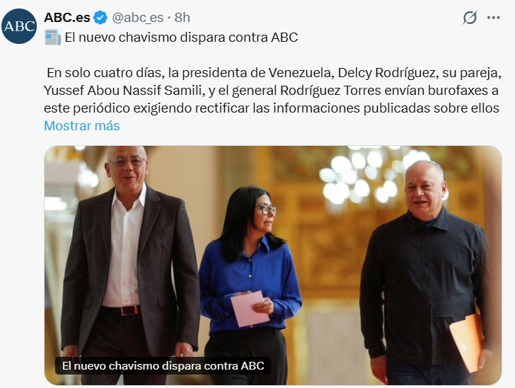 patriciajaniot's tweet image. Al régimen que ahora encabeza Delcy Rodríguez sí le importa lo que publica la prensa en relación con sus fortunas ocultas y sus negocios. La autodenominada "presidenta encargada" de Venezuela, su pareja y un general chavista le han exigido legalmente al medio @abc_es de España…