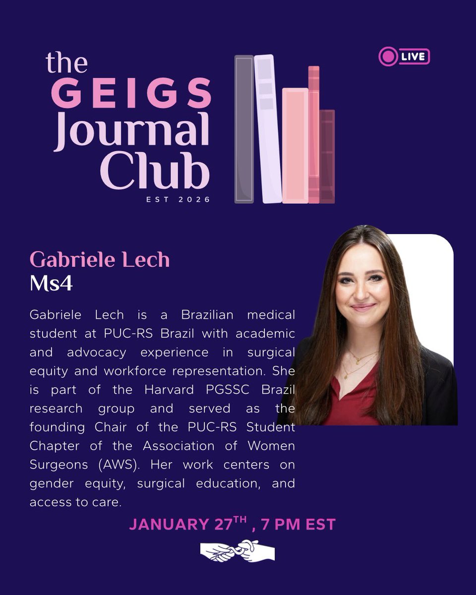 gendereqsurg's tweet photo. ✨ Get to know more about the #GEIGSJournalClub ‘s guests 👀
Join us this Jan 27, at 7pm ESTfor a panel discussion with the AJS’s newest paper on gender representation and industry payments in Surgery 🤩
🔗 https://t.co/df4JUtfaIp
#GEIGS #WIS #EquityForAll #SoMe4Surgery https://t.co/01JvKGpCIA