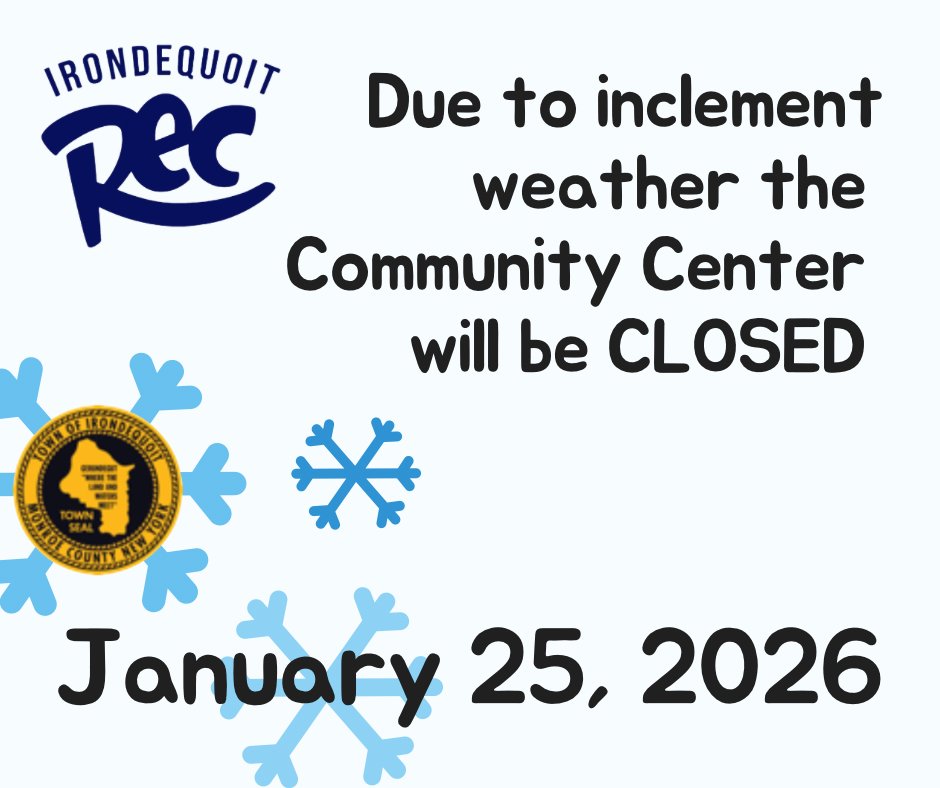 IrondequoitRec's tweet photo. 🚨 Stay safe &amp; warm, friends! 🚨
*please note that the Irondequoit Public Library is also closed on Sunday, January 25th https://t.co/oMBR5MIjdS